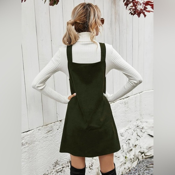 V-Neck Green Corduroy Overall Mini Dress - Picture 3 of 4